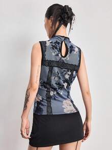 ROMWE Avant Retro New Chinese Style Garden Window Flower Design Floral Print Mandarin Collar Women Tank Top - Blue - View 2