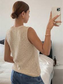 EMERY ROSE 女士时尚休闲香槟金V领亮片针织毛衣背心 - 香檳色 - 查看 2