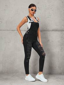 SHEIN Tall Women's Fashion Casual Slim Fit Personalized Distressed Tall High-Waisted Denim Bib Pants & Jumpsuit - Black - View 7