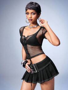 Y2Kool Casual Sexy Urban Chic Icon Minimalist Y2K Stylish Women Mesh Lace-Up Crop Top, Suitable For Vacation, Date, New Year Party, Wedding, Valentine's Day, Work, Spring/Summer, For Women.Going Out,Sexy, Elegant,Civil Wedding,Wedding Guest, Music Festival, Musician, Night Club - Black - View 6