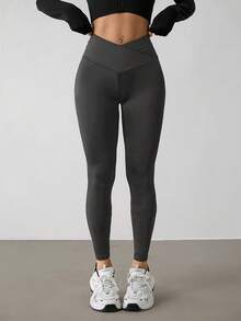 SHEIN PETITE Women's Solid Color V-Waist Slim Fit Casual Pants - Dark Grey - View 2