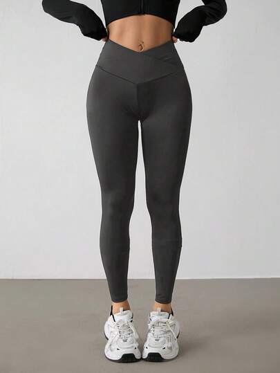 SHEIN PETITE Women's Solid Color V-Waist Slim Fit Casual Pants