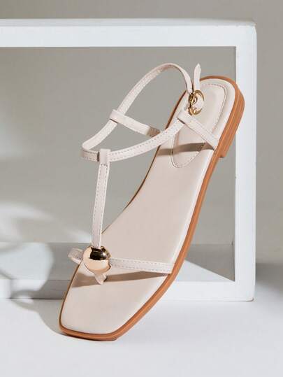 SHUZIA Women's Minimalist Comfortable Gold Metal Decor Ankle Strap Thong Flat Sandals