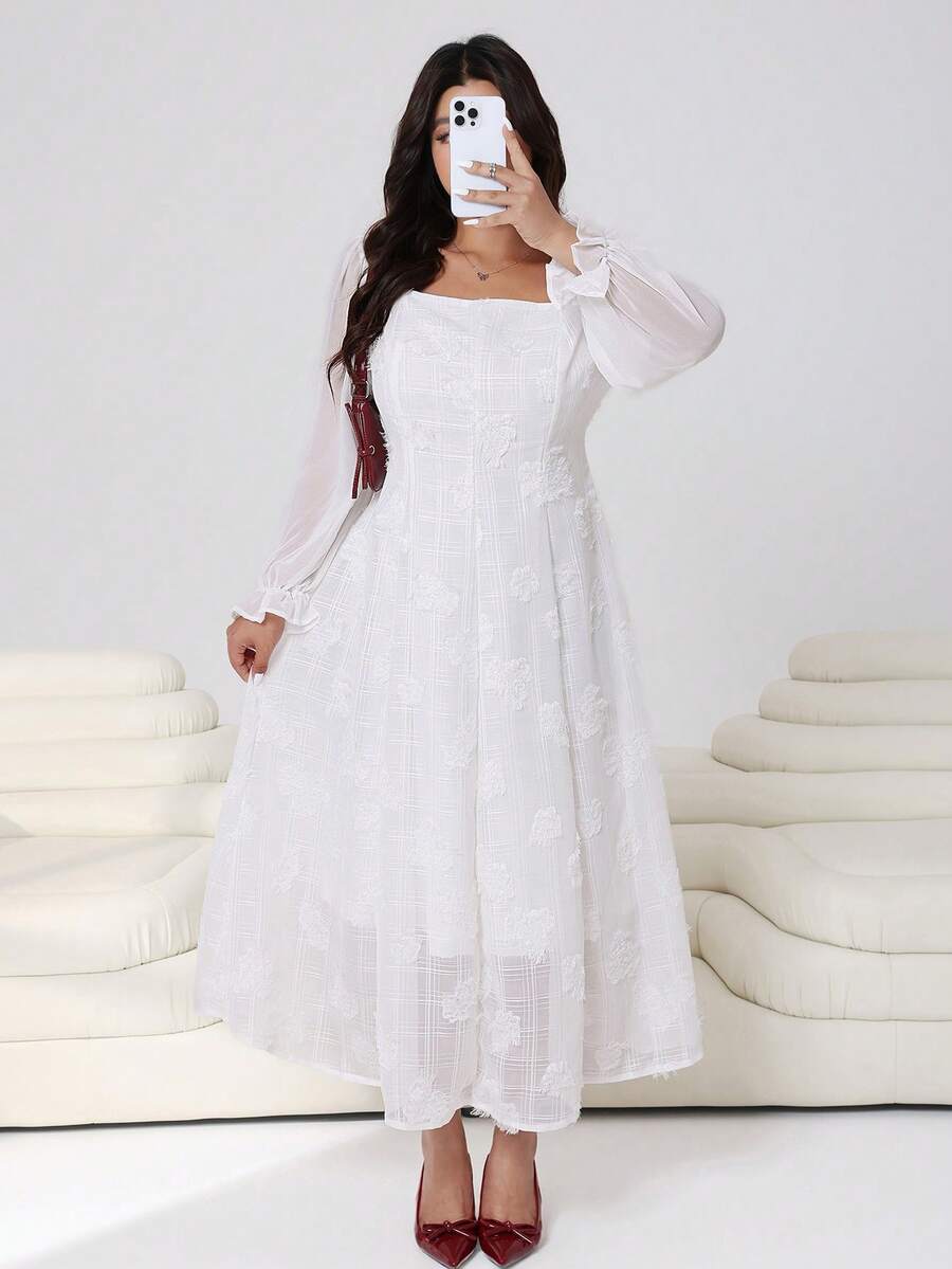 Solflare 大码优雅纯色提花通勤连衣裙 - 白色 - 查看 1