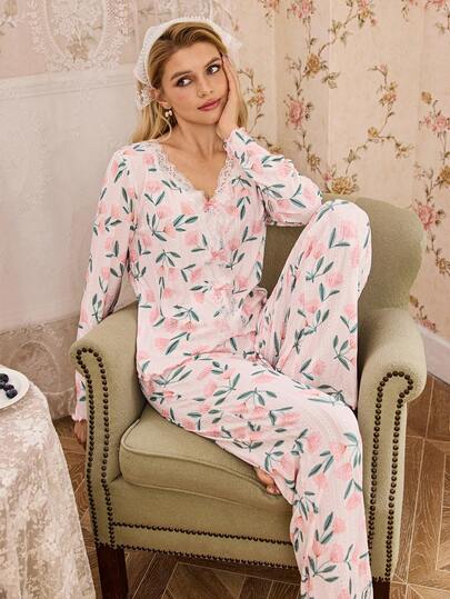CottageSlumber 花卉印花蝴蝶结装饰舒适女士睡衣套装
