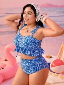 Swim Mod Plus Size Ditsy Floral Swimsuit Set, Ruffled Hem, Front Drawstring Pants, Side Ruched, Suitable For Vacation, Beach, Pool - Multicolor - View 5