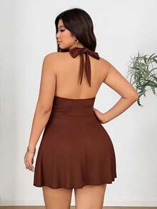 Sunnyshic 大码纯色弹力针织系带修身无袖连衣裙 - 棕色 - 查看 4