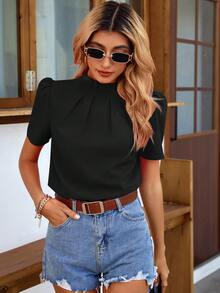 Breezaya Women's Simple Solid Color Pleated Short Sleeve Blouse, Suitable For Commuting, Summer - Black - View 4