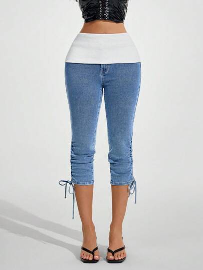 Jeanoix Women's Fashion Contrast Color Drawstring 7/8 Length Jeans