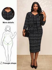 Truni Curvy Plus Size 女装优雅圆领复古印花长袖短款外套+收腰无袖包臀后开叉长裙两件套 金属纽扣 商务通勤 外出 职业 适合春秋冬 - 黑色 - 查看 1