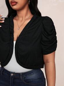 Truni 大码纯色短款夹克，褶裥泡泡袖设计，商务休闲女装 - 黑色 - 查看 7