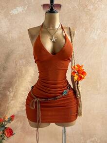 Soleia 新款性感V领吊带露背金属拼接紧身迷你连衣裙，适合约会、派对、波西米亚风、度假、复古、假日等场合。 - 鏽棕色 - 查看 4