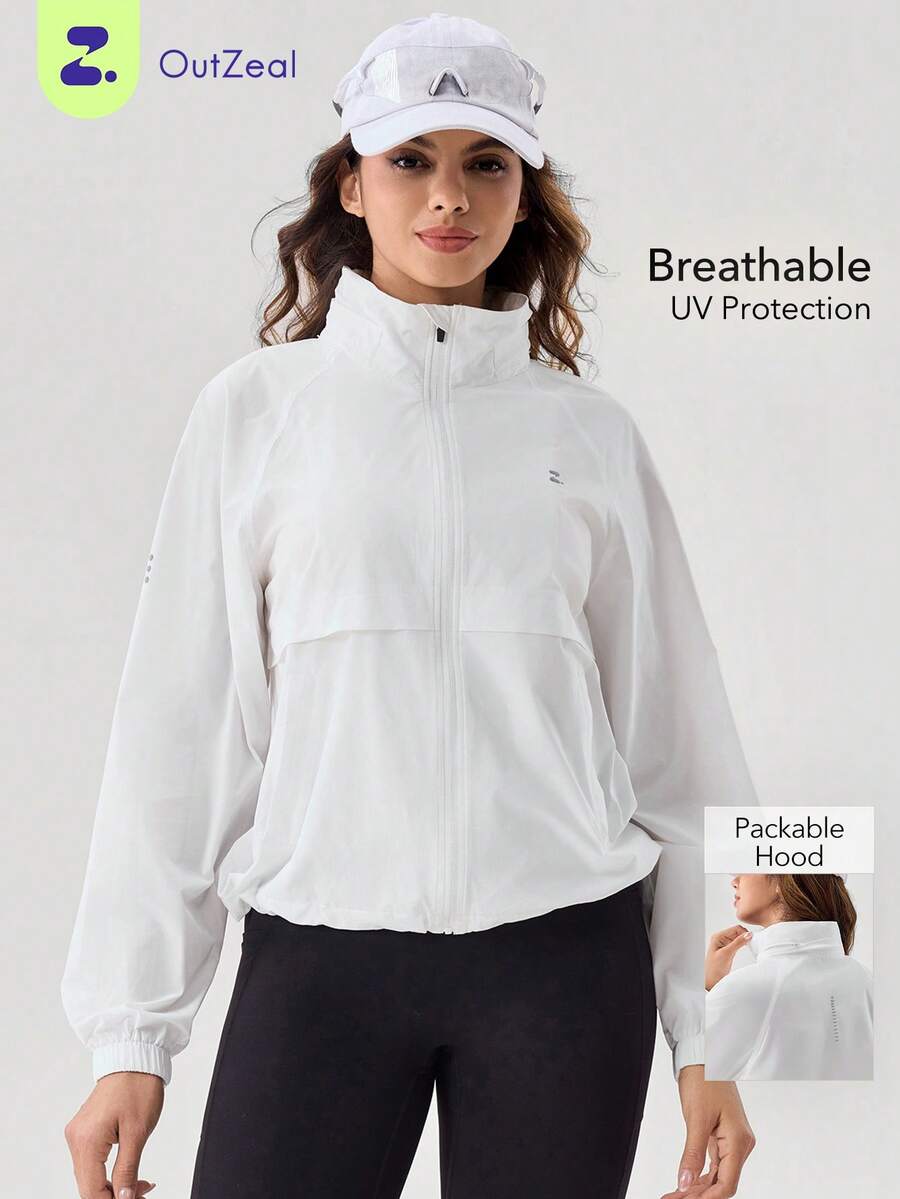 OutZeal Veste de protection solaire pour femmes, été, camping, randonnée, protection UV, capuche amovible, col montant avec poches latérales - Blanc - Voir 1