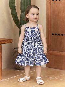 SHEIN Baby Girl Ditsy Floral Woven Spaghetti Strap Dress - Apricot - View 3