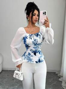 Selianne 女士休闲优雅性感印花方领喇叭袖短款上衣 - 白色 - 查看 4