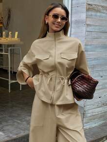 Livesso Women's High Collar Cinched Waist Loose Top And Casual Pants 2 Pieces Set, Autumn/Winter - Khaki - View 4