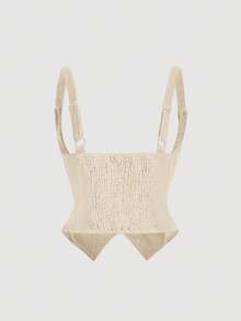 SHEIN MOD Plus Size Retro Corduroy Camisole Double-Breasted Bra Top & Wide Leg Pants 2 Pieces Set - Beige - View 5