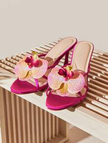 SHUZIA Giày sandal nữ cao gót, mũi tròn, họa tiết hoa lan, nhiều quai, chất liệu satin màu hồng fuchsia – Sang trọng, thanh lịch và thu hút ánh nhìn. - Màu Hồng Tươi - Xem 8