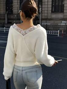 DAZY Women's Lace Patchwork V-Neck Fitted Long Sleeve White Sweater - White - View 3