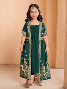 Sparklyn 两件套女童无袖连衣裙+开襟长款开衫，金属面料公主风优雅款，适合派对和特殊场合。 - 墨綠色 - 查看 5