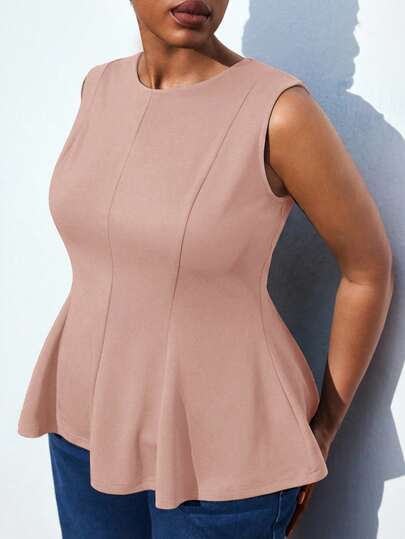 Maija Plus Size Women Summer Casual Everyday Commute Solid Color Waist Sleeveless Top, Versatile Urban Commute Business Casual Women's All-Match Summer Blouse Peplum Tops For Women Plus Size Sleeveless Tops Plus Size Work Tops Spring To Summer Spring Outfit Womenvalentine's Day Carnival Fasching Women Costume Party Beach Wedding Vacation Casual