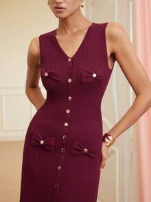Chiquease Wine Red Metal Button Design Bow Decor Pocket Sleeveless Romantic Elegant Delicate Hollow Knit Women Sweater Dress - Rusty Rose - View 2