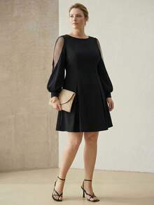 MOTF PREMIUM 大码优雅约会之夜网纱拼接灯笼袖收腰褶裥下摆短连衣裙 - 黑色 - 查看 5