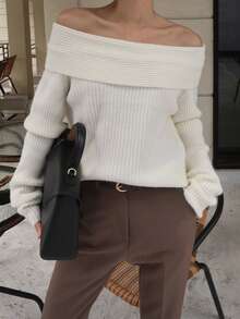 DAZY 1pc Women Off-Shoulder Knitted Sweater, Elegant Design Loose Fit Pullover - White - View 7