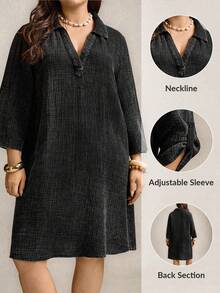 Zelara Vestido Casual Reto e Solto com Manga Enrolada e Cor Sólida para Mulheres Plus Size