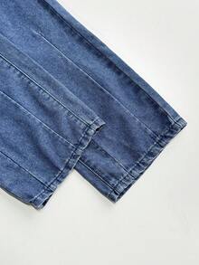 SHEIN 青少年男孩时尚休闲 Y2K 复古酷炫街头风拼接细节基础款简约舒适蓝色宽松牛仔裤，适合日常穿着、春夏锐舞节和街头服饰。 - 藍色 - 查看 7