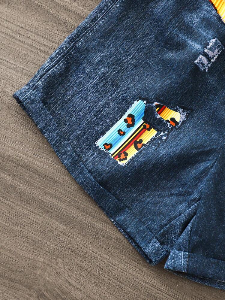 レオパード柄&フローラル柄コールドショルダーキャミソール トップス デニム風ショーツ 女の子 夏 マッチングセット