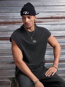 AXEPEAK 男士休闲宽松黑色雪花印花背心，夏季 - 黑色 - 查看 7