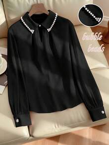 Franclia Áo sơ mi dài tay nữ màu trơn cổ bẻ đính ngọc trai, màu hồng, thích hợp cho mùa thu. - màu đen - Xem 4