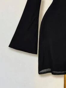 SHEIN ICON Đầm dạ hội ngắn màu đỏ gợi cảm dành cho nữ mùa thu, kiểu dáng xếp ly, tay chuông, hở lưng, cổ tròn, thời trang và thanh lịch. - màu đen - Xem 7