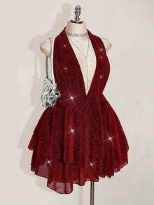 SHEIN ICON 大码女士闪亮性感深V不对称下摆吊带连衣裙 - 酒紅色 - 查看 6