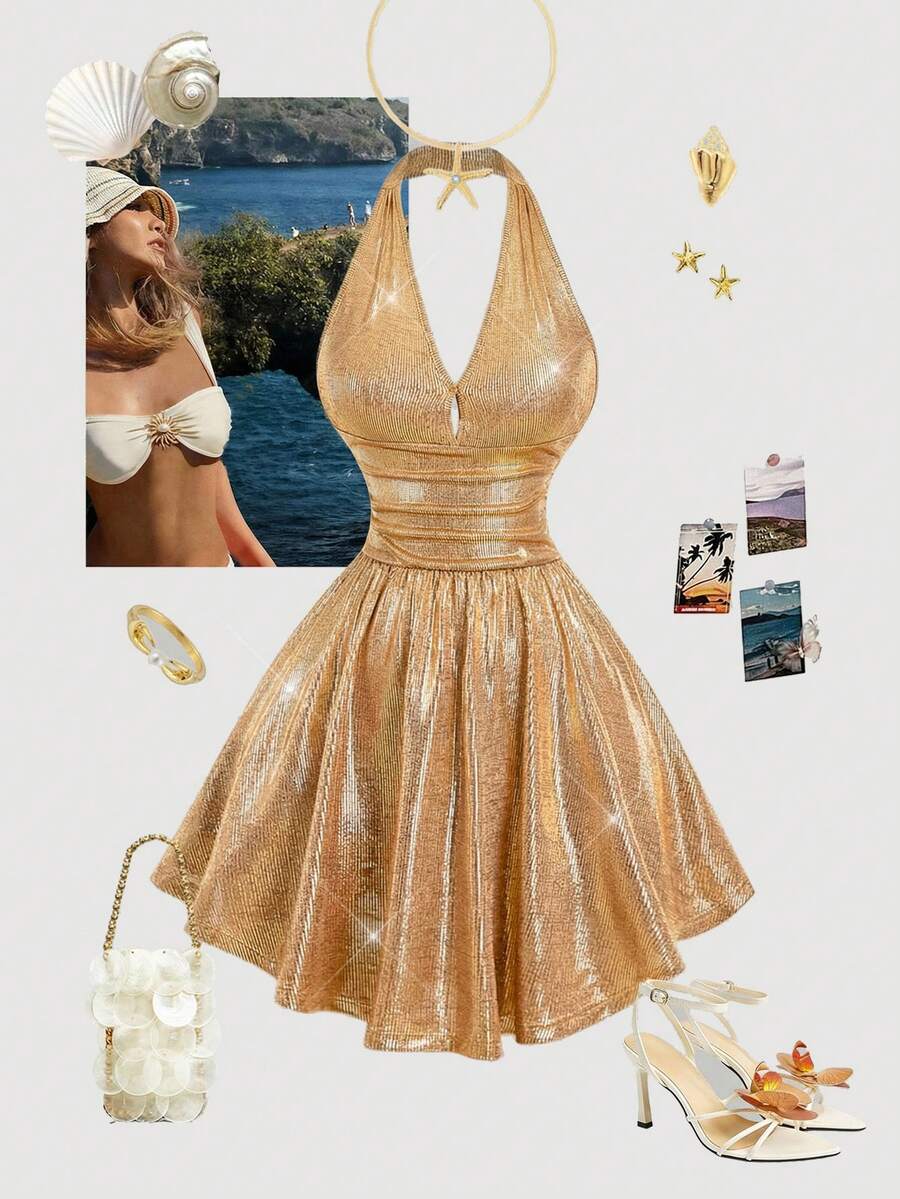 SHEIN MOD Women's V-Neck Bodycon Gold Tight Dress,Carnival Clothes,Carnival Women Look 2026,Spring/Summer Outfits, Tea Party Outfit Women, Holidays, Birthday,Party Outfits,Prom Dress,Sequin Dress,Sequin Dress,Country Concert Outfit,Date Night Dress,Valentine Outfits For Women,Tea Party Dress,Sparkly Dress - Gold - View 1