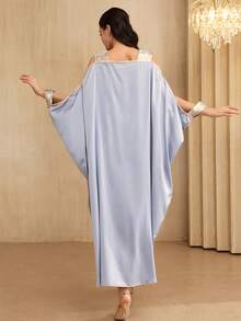 Al Najma Elegant V-Neck Shoulder-Revealing Jacquard Splice Ribbon Decor Dress, Spring/Summer - Blue - View 7