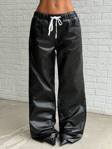 Jeanoix Y2K Fashion Casual Elastic Waist Drawstring Faux Leather Coated Wide Leg Pants - Black - View 4