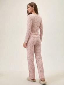 Loomlin Women's Ditsy Floral Round Neck Long Sleeve Top And Pants Pajama Set Floral Pajama Set Womens Pajama Set Two Piece Pajama Set Long Sleeve Pajama Set Round Neck Pajama Set - Pink - View 2