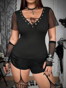 Whyspr 春夏新款西部哥特性感镂空拼接V领短袖T恤，修身显瘦，适合女性 - 黑色 - 查看 4