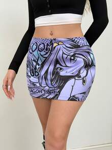 The Winx x SHEIN Women's Cartoon Figure Graphic Fitted Skirt - Purple - View 1