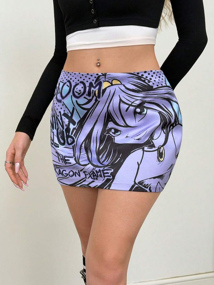 The Winx x SHEIN Women's Cartoon Figure Graphic Fitted Skirt - Purple - View 1