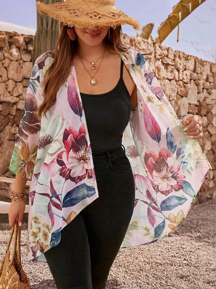 Plus Size Women Floral Print Asymmetrical Hem Lightweight Jacket, Casual Resort Style, Spring/Summer/Autumn Summer Outfits Summer Clothes  Spring  Spring Outfit Women Spring Clothes Beach Vacation Outfits For Women Bohemian