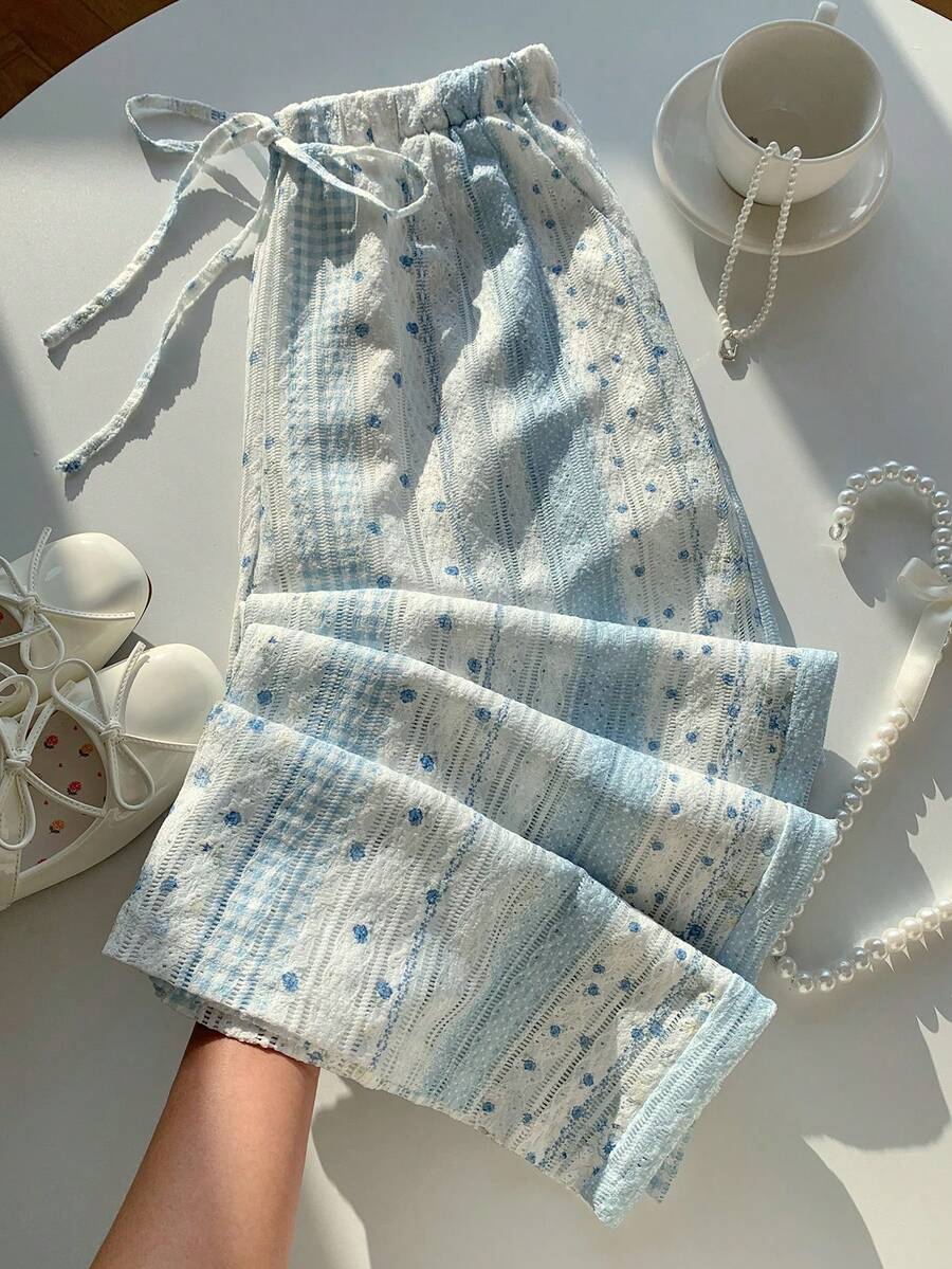 Comfortcana 女士条纹撞色格子松紧腰抽绳裤 - 藍色 - 查看 1