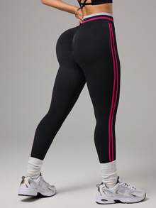 Dewbera 女士休闲运动侧条纹提臀紧身裤 - 黑色 - 查看 2