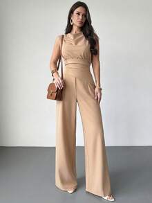 Firerie Set de damă cu top, guler drapat, tiv neregulat, culoarea cămilă, și pantaloni ușor evazați cu picior drept, set de pantaloni de culoare uni, set la modă modern, set elegant pentru naveta, set șic, set fără mâneci, îmbrăcăminte de primăvară/toamnă/iarnă, ținută elegantă, pentru naveta, business, casual, minimalistă, de lucru, ținută de Ziua Profesorului - Cămilă - Vizualizare 7