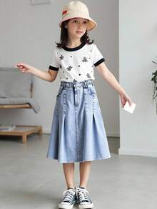 Tween Girl Versatile Blue Denim Long Pleated Skirt, Suitable Everyday Wear, Streetwear And Back To School, Casual Denim Pleated Skirt, Frayed Hem Waist - Blue - View 7
