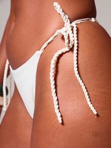 Musera Resort Satin Rope Tie Bikini Bottoms Only Ibiza Sexy Vacation Holiday Spring Summer Festival Rave Beachwear Swim Tequila Sunrise Solid Colour - Cream - View 5