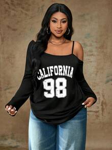 Truni Casual Minimalist Black Letter Print Plus Size Women's Sleeveless Tank Top, Suitable For Spring, Summer, Autumn And Winter, For Pear & Triangle Body Shape - Black - View 4