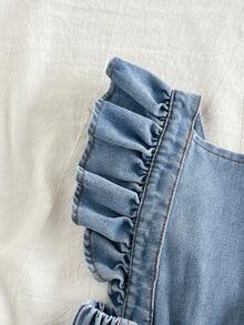 Baby Girls' Denim Romper, Loose Fit Cute Ruffled Bib Overall, Elastic Waist, Lightweight Soft Cotton Denim, Fashionable Must-Have For Girls, Suitable For Spring/Summer Wear, Casual, Outings, Parties, 2025 Autumn New Arrival - Light Wash - View 5